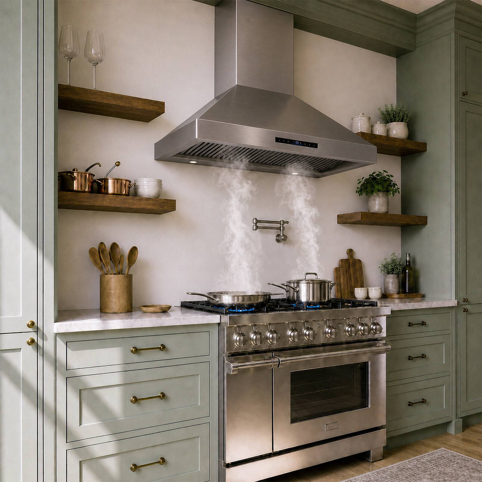 Alt View 1. Brano - 48 Inch Wall Mount Range Hood, 4 Speed 1200 CFM (Ducted) Vent Hood, Gesture Touch Remote Control & Dimmable LED Lights - silver.