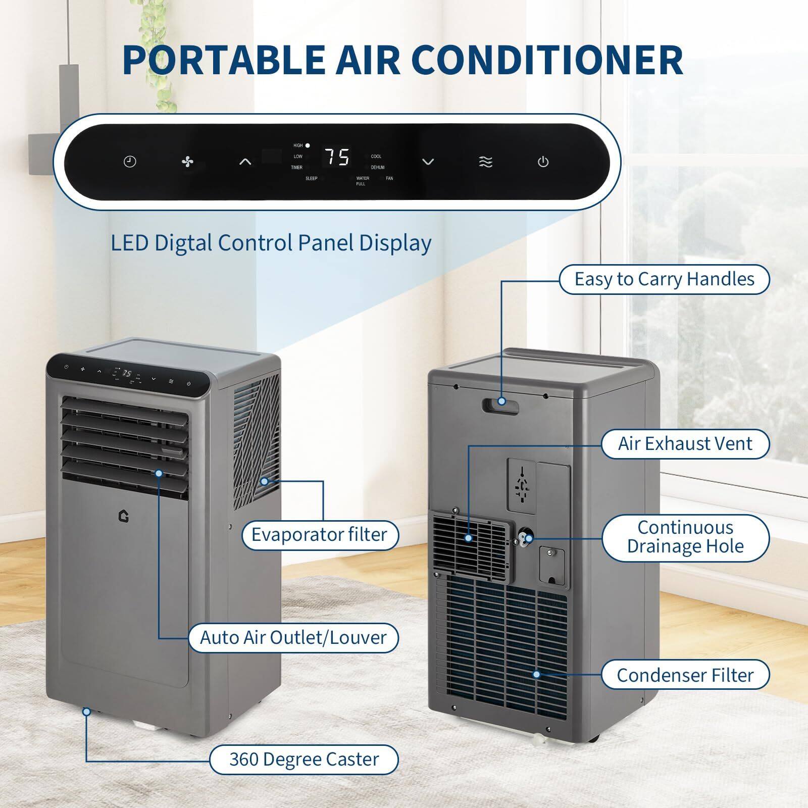 PORTABLE AIR CONDITIONER

- LED Digital Control Panel Display
- Easy to Carry Handles
- Air Exhaust Vent
- Continuous Drainage Hole
- Condenser Filter
- Evaporator Filter
- Auto Air Outlet/Louver
- 360 Degree Caster