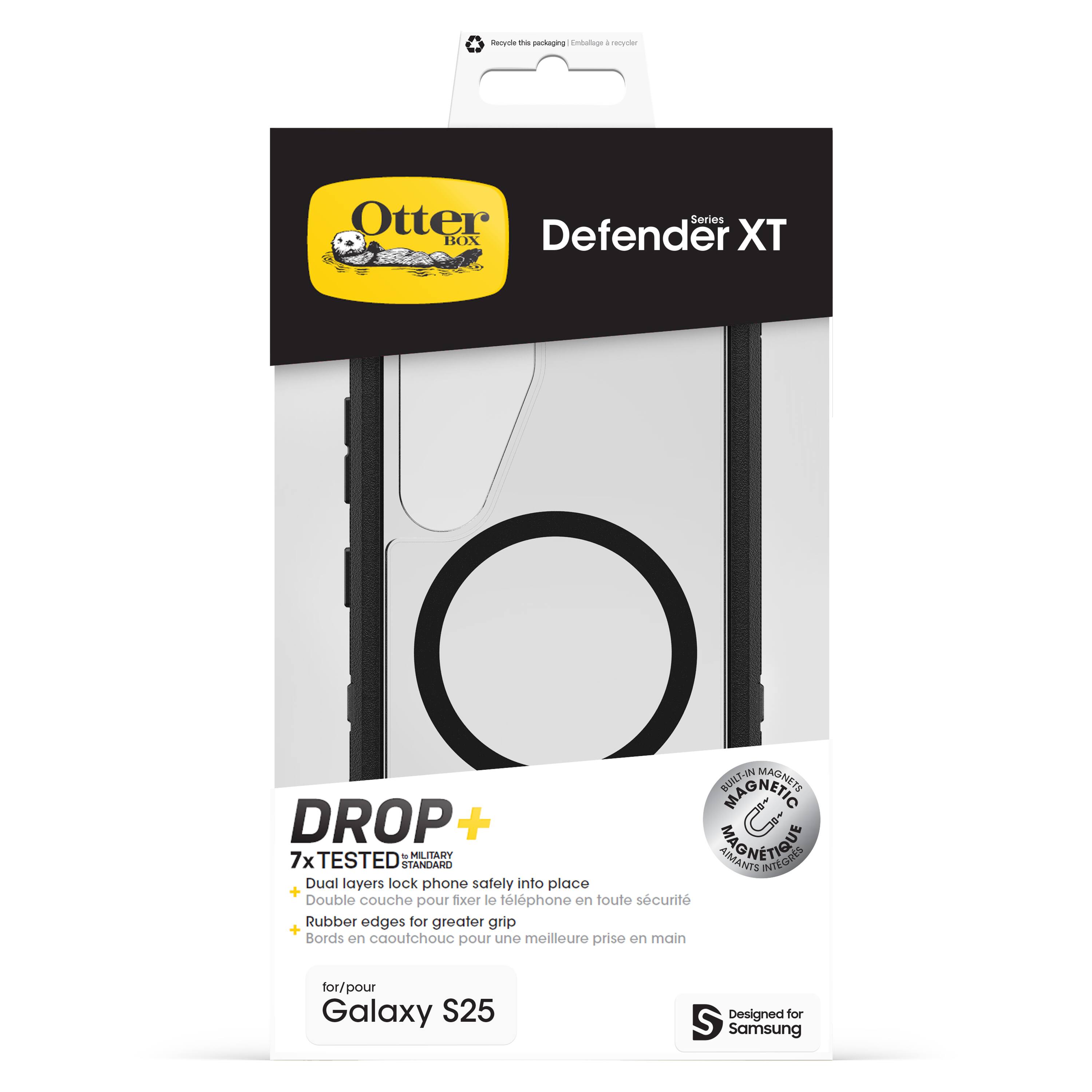 The text on the image reads:

"Drop + Airtight Otter Defender Series XT BOX BUILT-IN WATERPROOF MAGNETIC MILITARY 7x TESTED STANDARD AIMANTS INTEGRATED Dual layers lock phone safely into place Double layers pour fixer le tlphone on toute scurit Rubber edges for greater grip Bords w caoutchouc pour une meilleure prise en main for/pour Galaxy S25 Designed for Samsung."