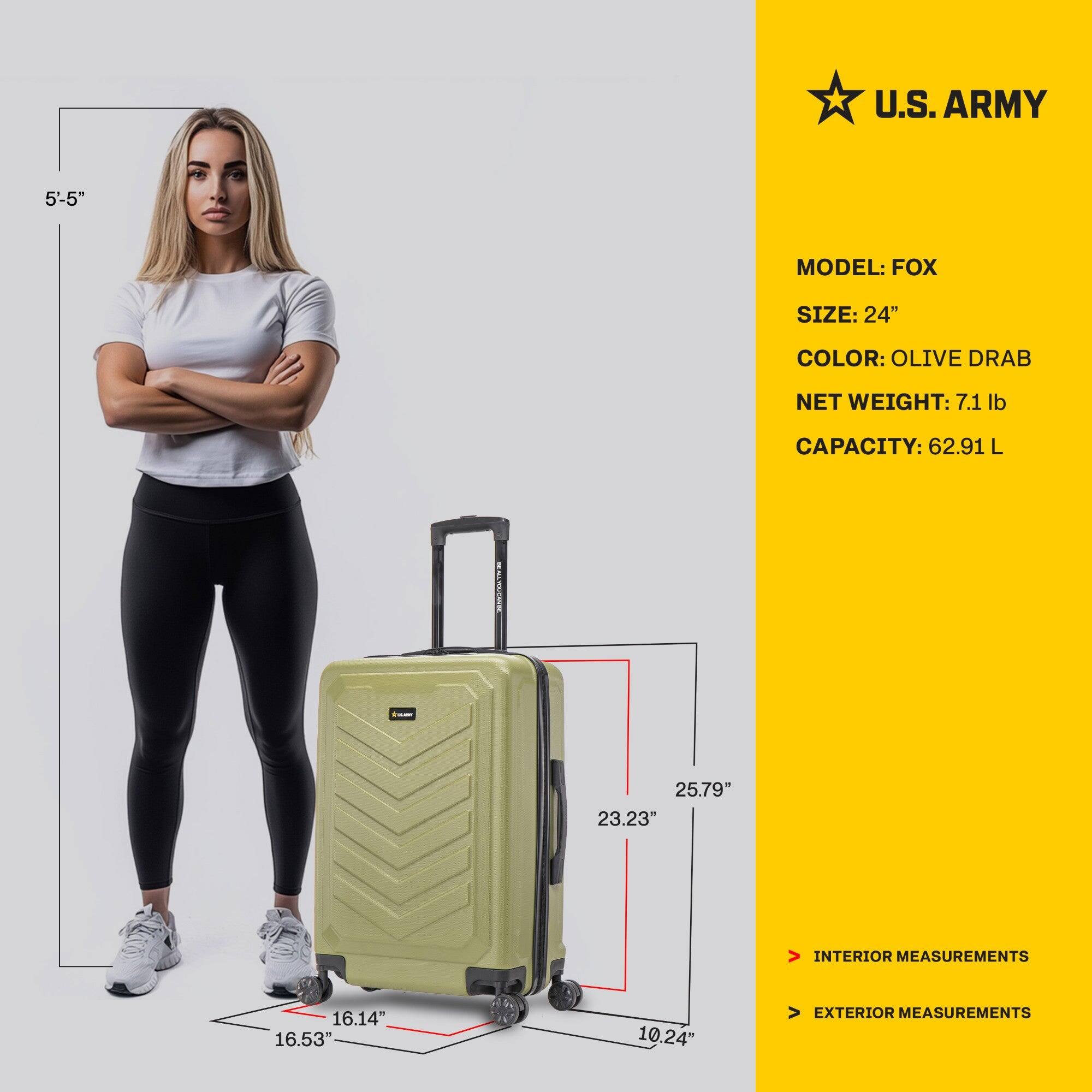 U.S. ARMY  
MODEL: FOX  
SIZE: 24"  
COLOR: OLIVE DRAB  
NET WEIGHT: 7.1 lb  
CAPACITY: 62.91 L  

INTERIOR MEASUREMENTS  
16.14" x 16.53" x 10.24"  

EXTERIOR MEASUREMENTS  
25.79" x 23.23" x 10.24"