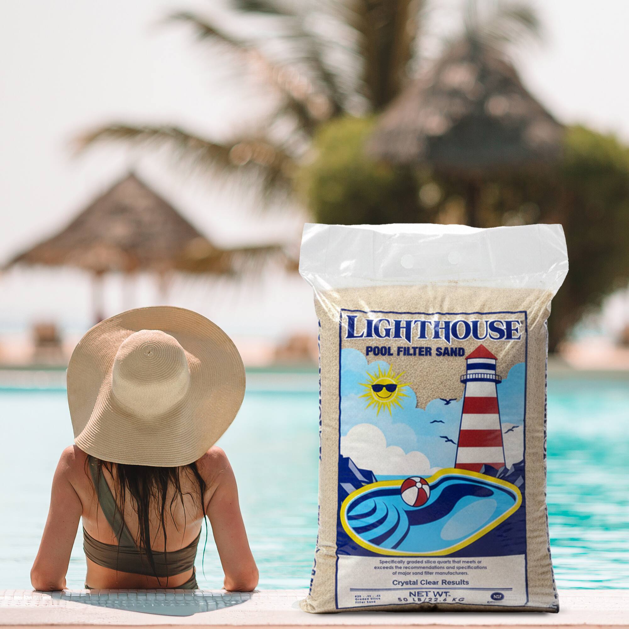 LIGHTHOUSE POOL FILTER SAND  
Specifically graded silica quartz that meets or exceeds major sand filter manufacturers' recommendations and specifications.  
Crystal Clear Results  
NET WT. 50 lb (22.68 kg)