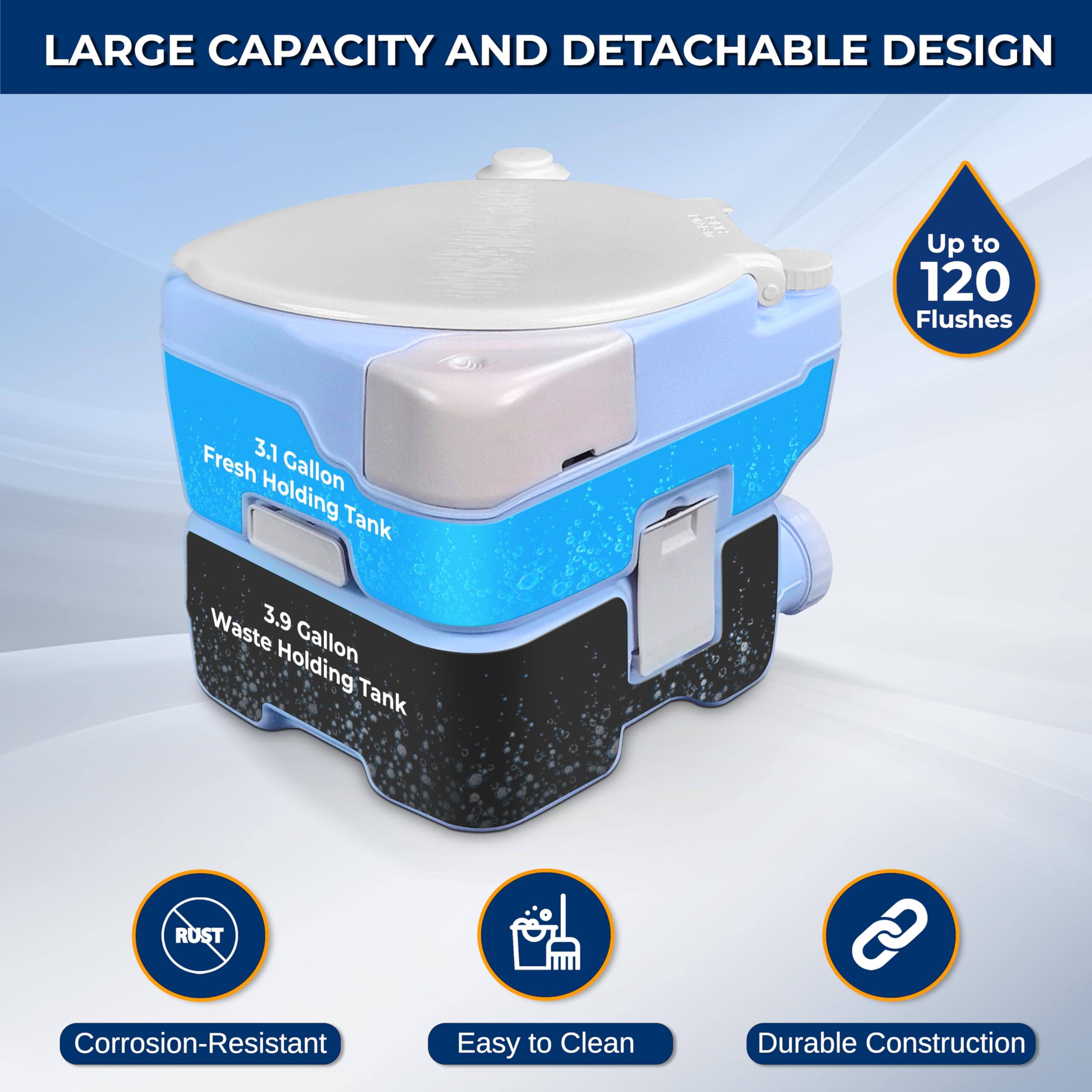 LARGE CAPACITY AND DETACHABLE DESIGN

- Up to 120 Flushes
- 3.1 Gallon Fresh Holding Tank
- 3.9 Gallon Waste Holding Tank

- RUST Corrosion-Resistant
- Easy to Clean
- Durable Construction