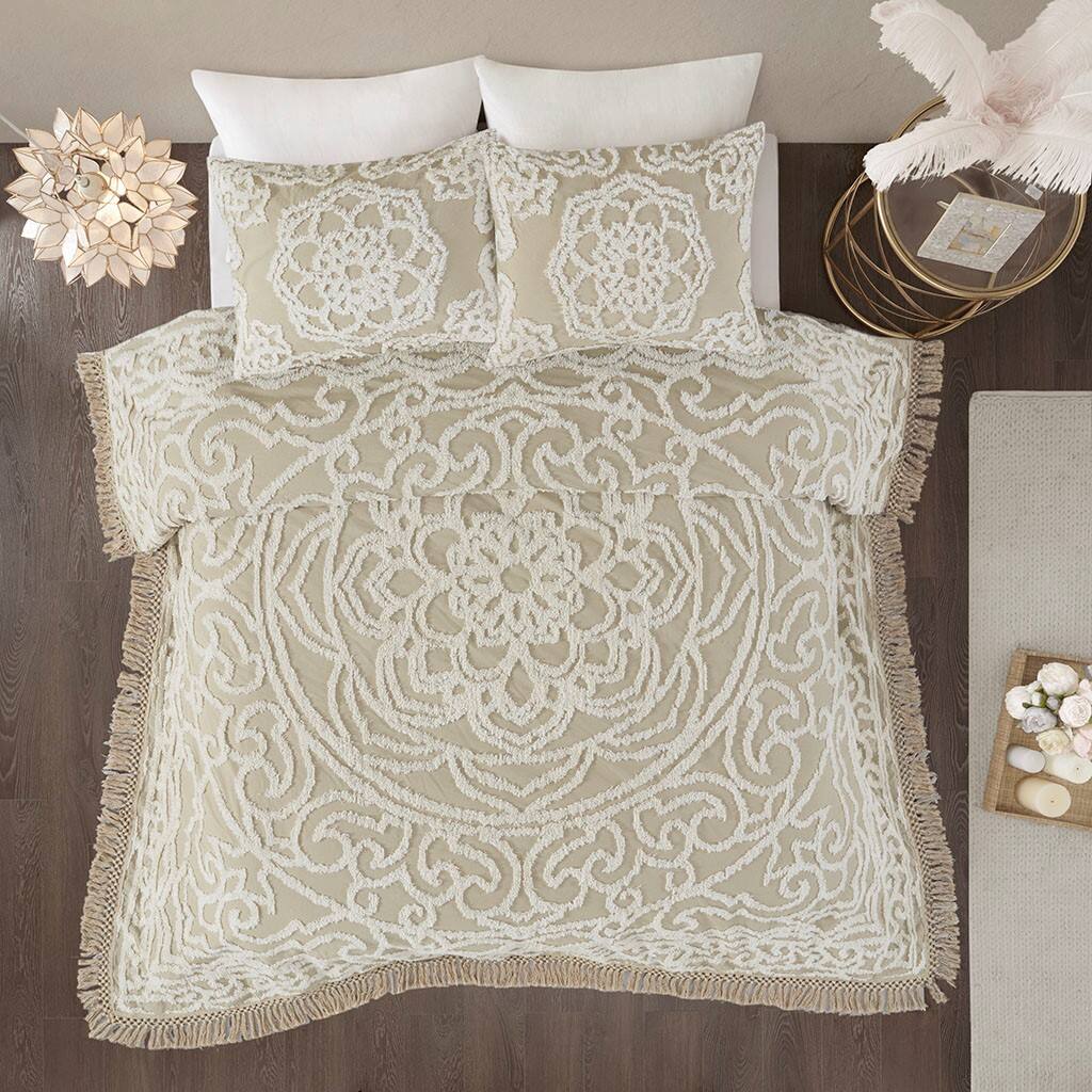 Alt View 1. Gracie Mills - Gracie Mills Ray Boho Tufted Cotton Chenille Medallion Fringe Coverlet Set - Taupe.
