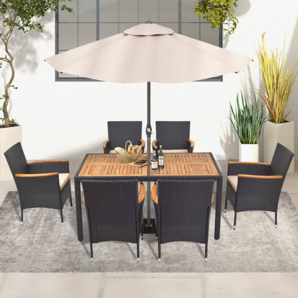 Left. Mondawe - 7 Pieces Outdoor Dining Set with Umbrella Hole for Backyard - Brown and Natural.