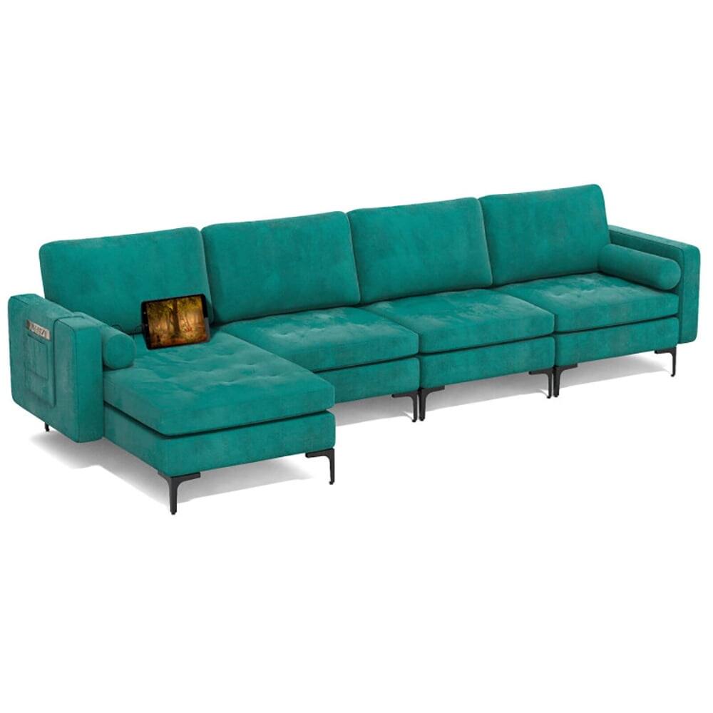 Angle. Kadyn - L-Shaped Sectional Sofa Couch with Socket USB Port-4-Seat L-shaped with 2 USB Ports, Sectional Sofa Couch - Green.