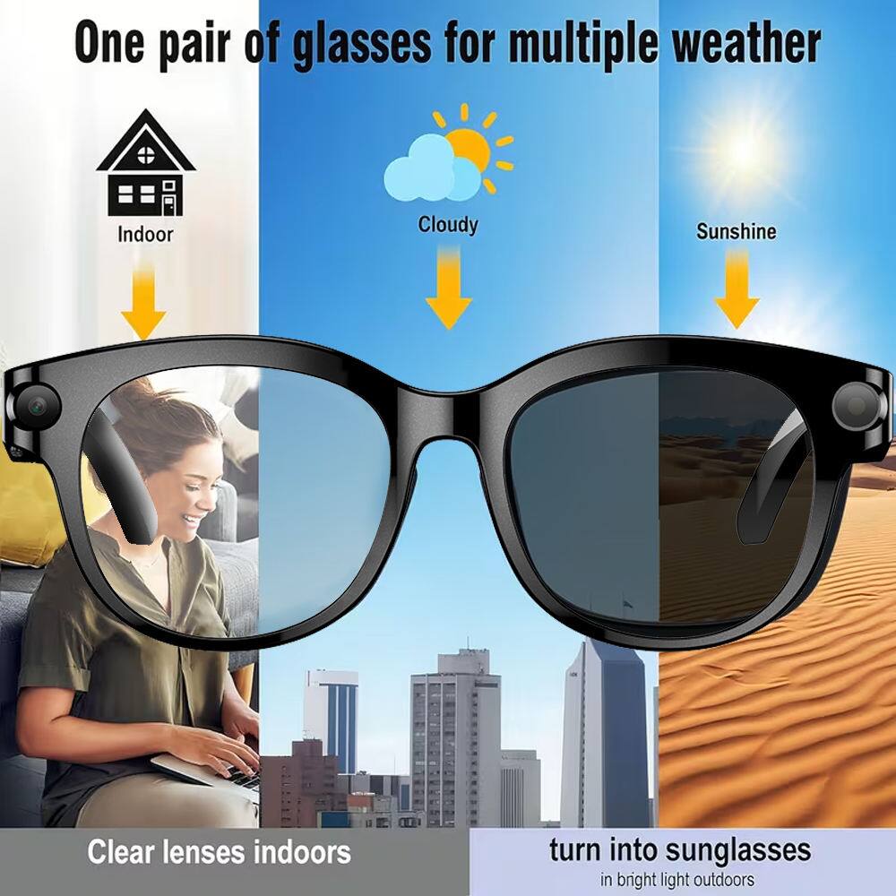 One pair of glasses for multiple weather

Indoor  
Cloudy  
Sunshine

Clear lenses indoors  
turn into sunglasses in bright light outdoors