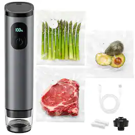 Gvode - Metal Handheld Vacuum Sealer: 60kPa Cordless Food Sealer with 1500mAh Battery, 30 Reusable Bags & Wine Stopper - Gray