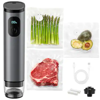 Front. Gvode - GVODE Metal Handheld Vacuum Sealer: 60kPa Cordless Food Sealer with 1500mAh Battery, 30 Reusable Bags & Wine Stopper - gray.