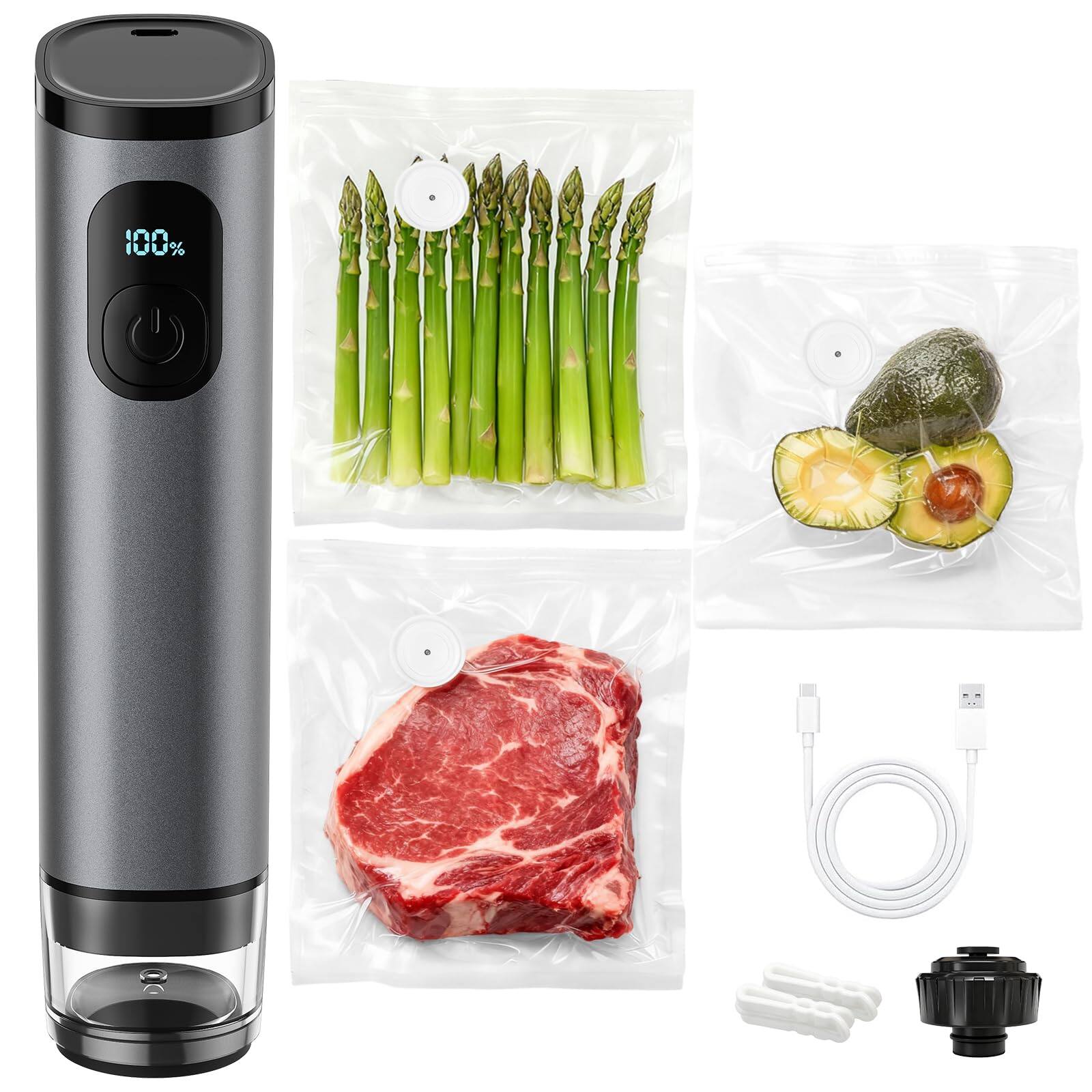 Front. Gvode - GVODE Metal Handheld Vacuum Sealer: 60kPa Cordless Food Sealer with 1500mAh Battery, 30 Reusable Bags & Wine Stopper - gray.