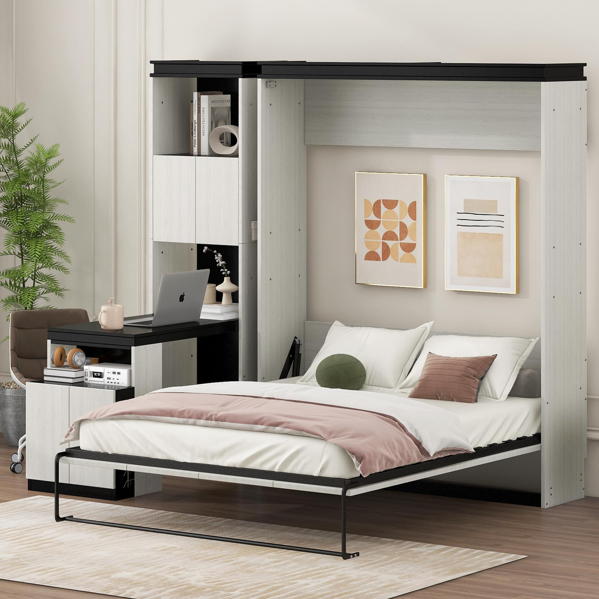 Tiramisubest - Full Size Murphy Bed with Desk, Storage, Black+White, Solid Wood+MDF, 82x81x83 inches, 355 lbs - Black White