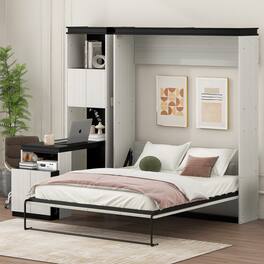 Tiramisubest - Full Size Murphy Bed with Desk, Storage, Black+White, Solid Wood+MDF, 82x81x83 inches, 355 lbs - Black White