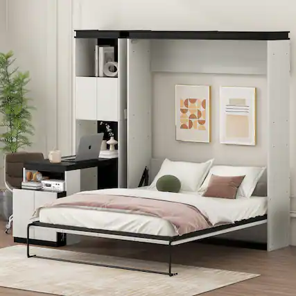Front. Tiramisubest - Full Size Murphy Bed with Desk, Storage, Black+White, Solid Wood+MDF, 82x81x83 inches, 355 lbs - Black White.