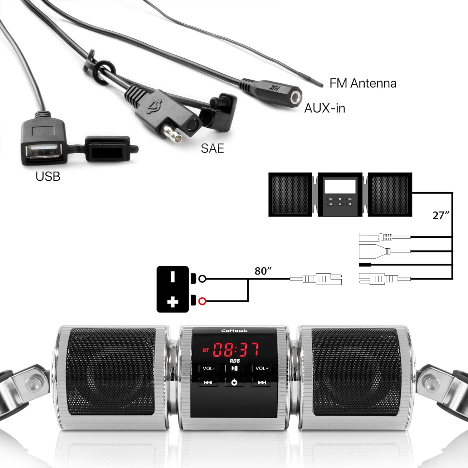 - AD FM Antenna
- AUX-in
- SAE
- USB
- 27"
- 80"
- BT
- 08:37
- RDS
- VOL-
- VOL+