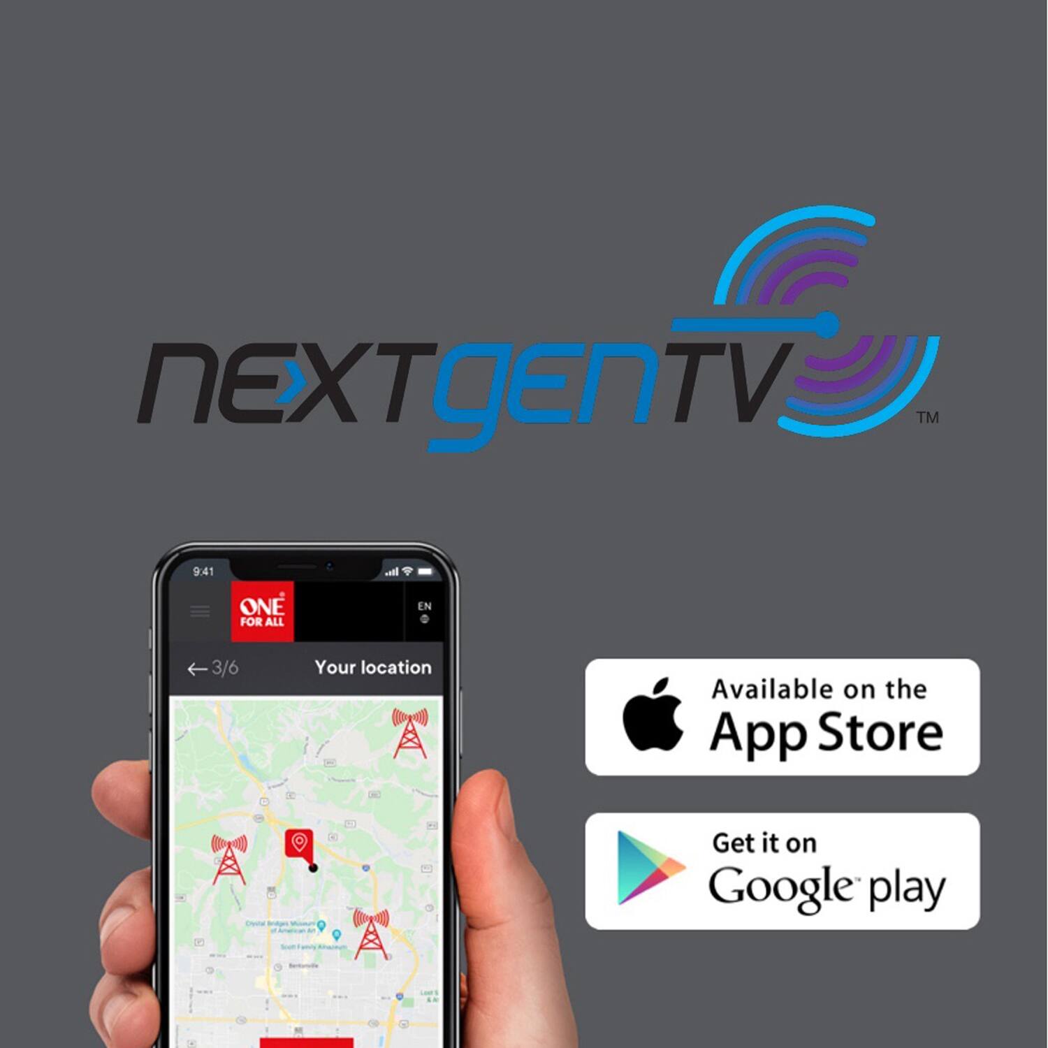 nEXTgEnTV™

9:41 ONE FOR ALL

Your location

Available on the App Store

Get it on Google play