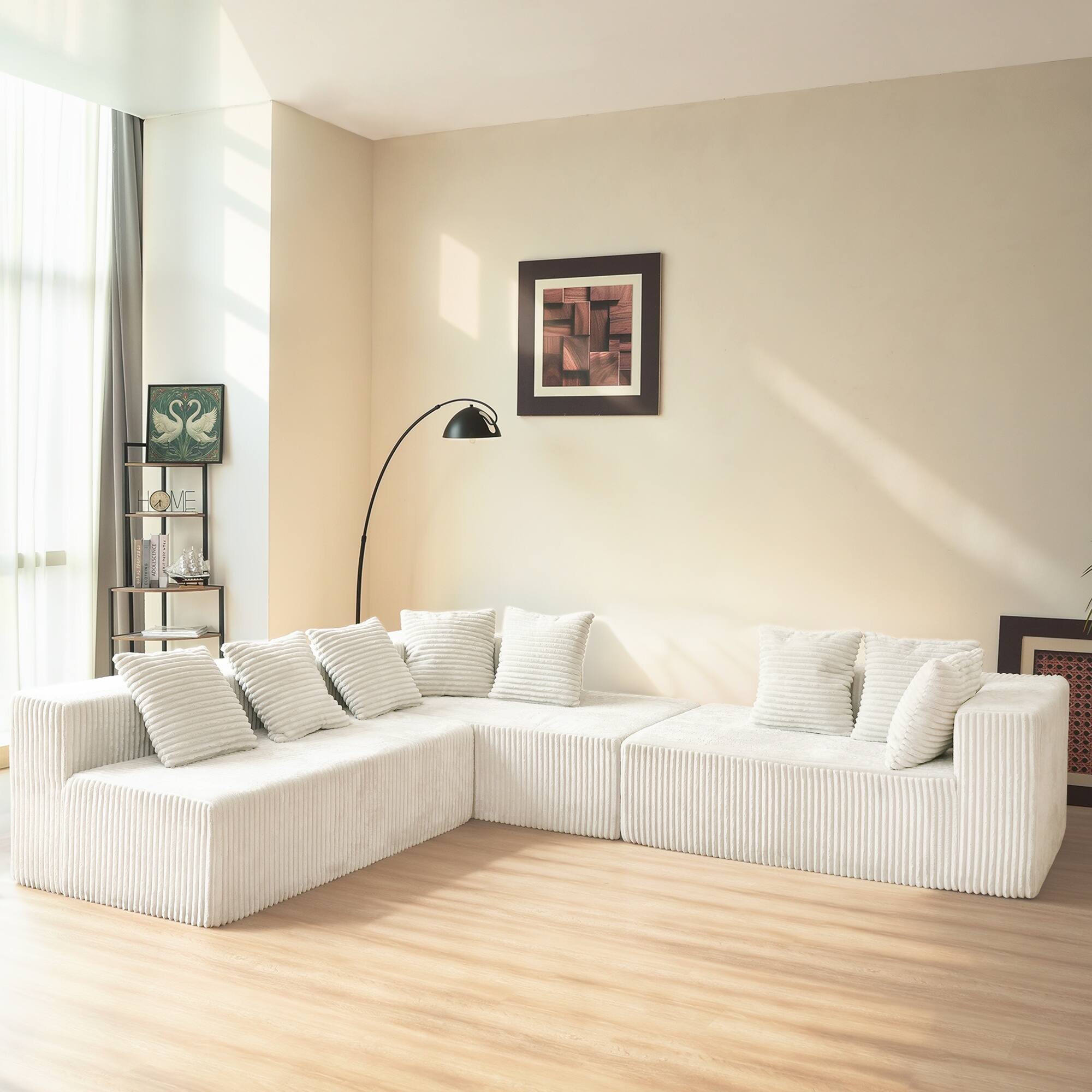 Alt View 1. Meqiodas - 130" Boneless Couch, Cloud Couch Sectional, Corduroy Sofa for Living Room, U Shaped Modular Sofa, No Assembly - Beige.