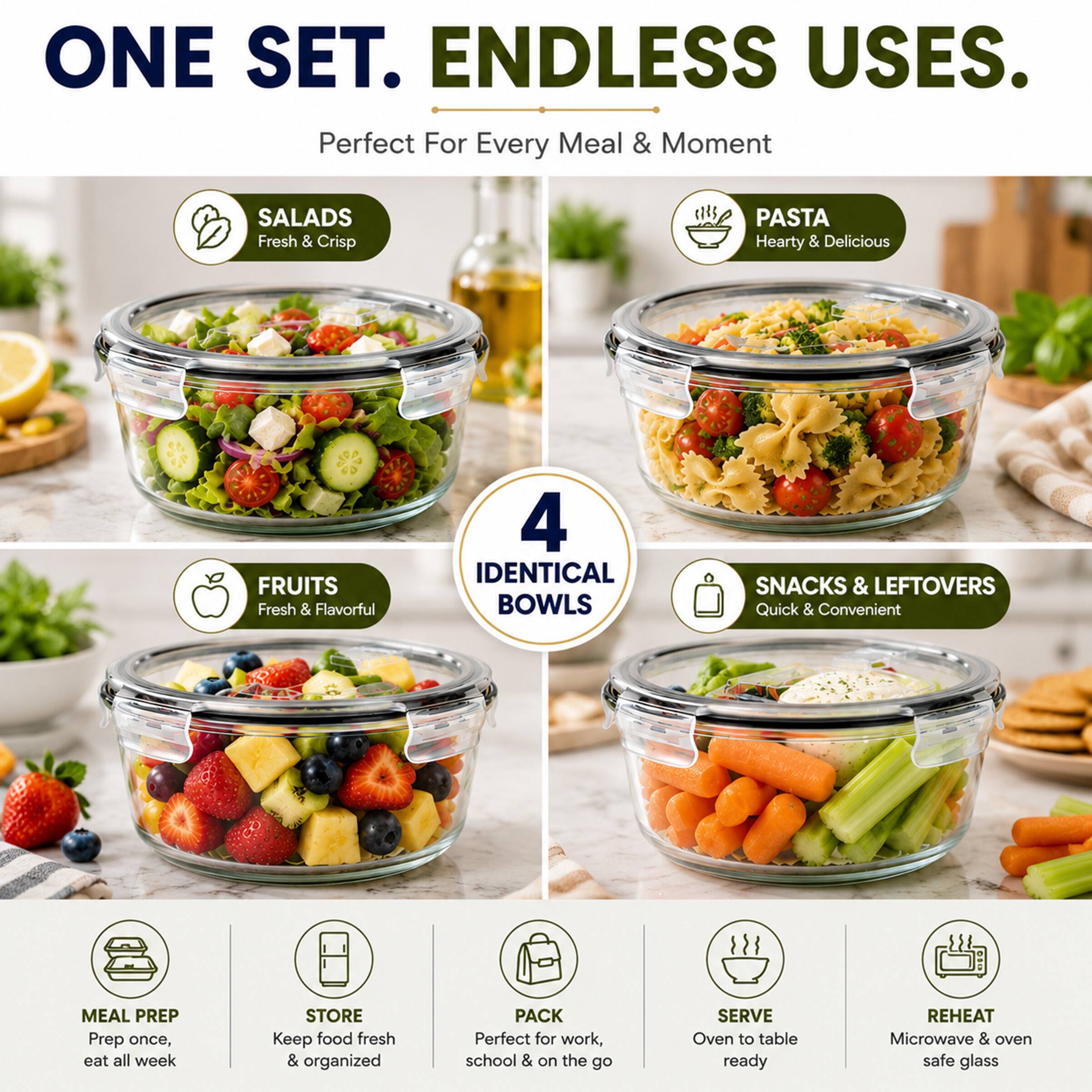 ONE SET. ENDLESS USES.  
Perfect For Every Meal & Moment  

SALADS  
Fresh & Crisp  

PASTA  
Hearty & Delicious  

FRUITS  
Fresh & Flavorful  

4 IDENTICAL BOWLS  

SNACKS & LEFTOVERS  
Quick & Convenient  

MEAL PREP  
Prep once, eat all week  

STORE  
Keep food fresh & organized  

PACK  
Perfect for work, school & on the go  

SERVE  
Oven to table ready  

REHEAT  
Microwave & oven safe glass