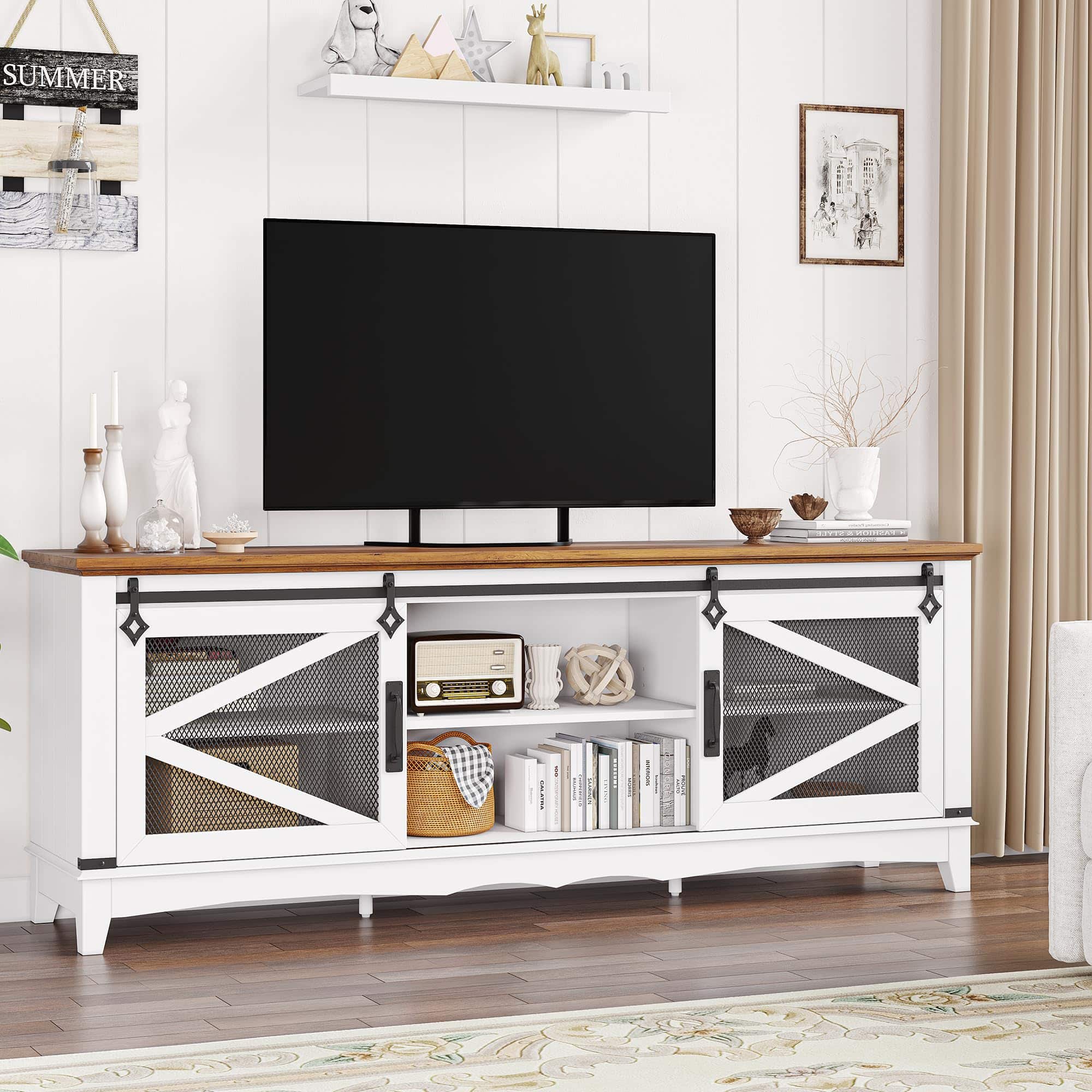 Jojoka - 66" Farmhouse TV Stand for 70" TVs, Media Console with Barn Doors & Adjustable Storage Shelves - White