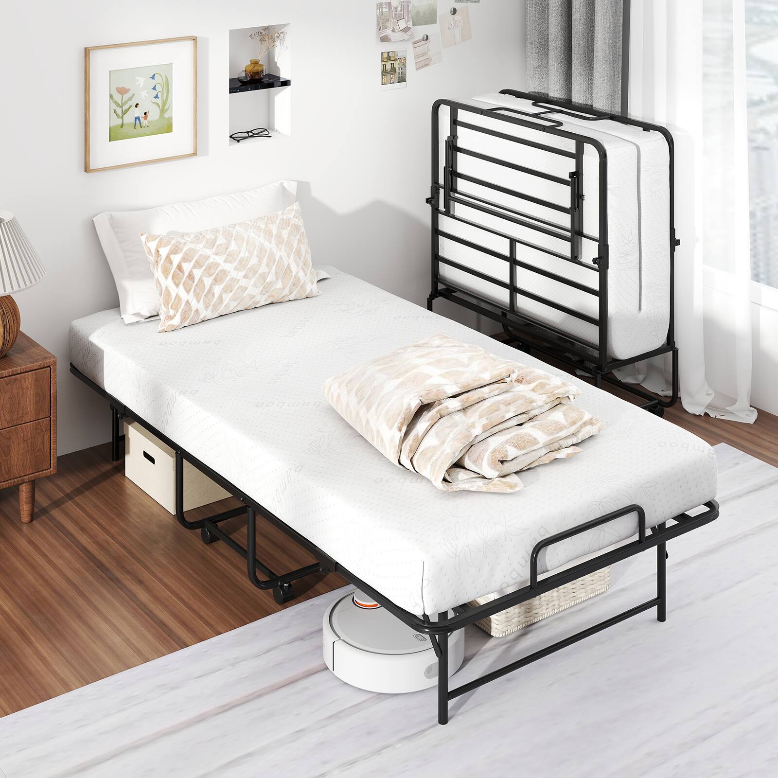 Alt View 1. Gymax - Gymax 75'' x 38'' Folding Bed w/ Mattress Metal Slat Frame & Gel Memory Foam - Black, White.