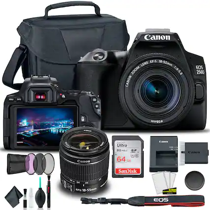 Canon EF-S 18-55mm Zoom Lens 1:4-5.6
Canon EOS 250D
Canon SanDisk Ultra 80 MB/s 64 GB SD Card
Canon EF-S 18-55mm Lens
Canon EOS 250D Camera
Canon Lens Cap
Canon Lens Hood
Canon Lens Cleaning Kit
Canon Camera Bag
Canon Screen Protectors