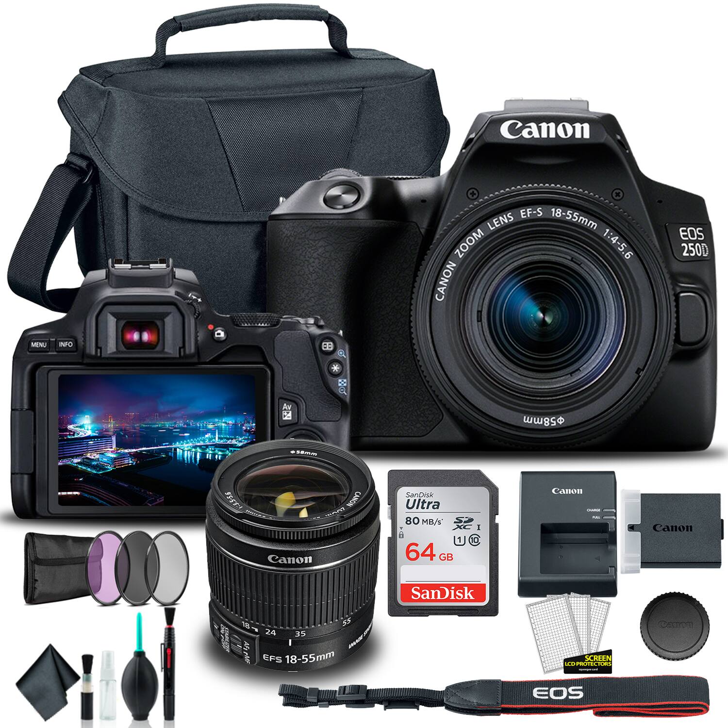 Canon EF-S 18-55mm Zoom Lens 1:4-5.6  
Canon EOS 250D  
Canon SanDisk Ultra 80 MB/s 64 GB SD Card  
Canon EF-S 18-55mm Lens  
Canon EOS 250D Camera  
Canon Lens Cap  
Canon Lens Hood  
Canon Lens Cleaning Kit  
Canon Camera Bag  
Canon Screen Protectors