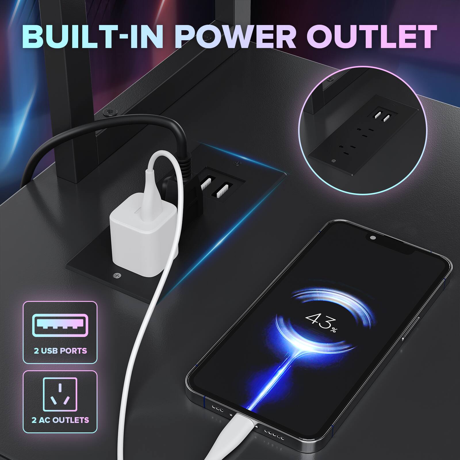 BUILT-IN POWER OUTLET

2 USB PORTS

43%

2 AC OUTLETS

CCC
