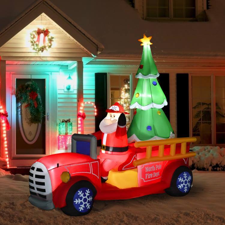 PULUZ 7.5ft Christmas Inflatable Santa Claus Driving a Fire Truck with ...