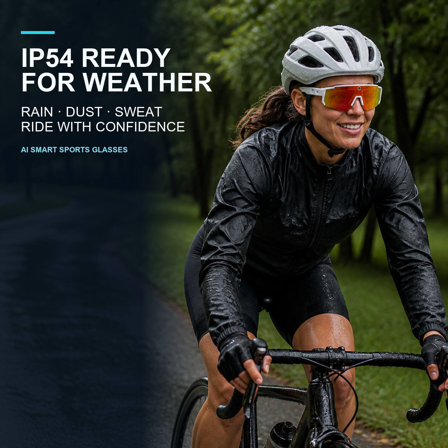 IP54 READY FOR WEATHER  
RAIN • DUST • SWEAT  
RIDE WITH CONFIDENCE  
AI SMART SPORTS GLASSES