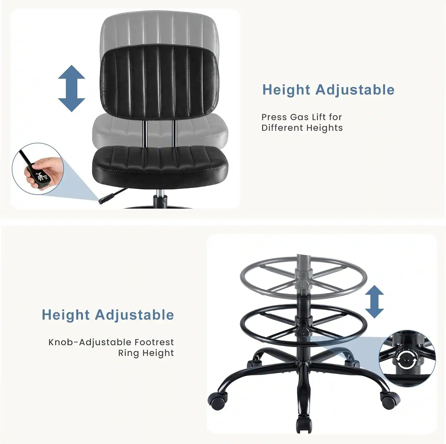Height Adjustable Press Gas Lift for Different Heights  
Height Adjustable Knob-Adjustable Footrest Ring Height