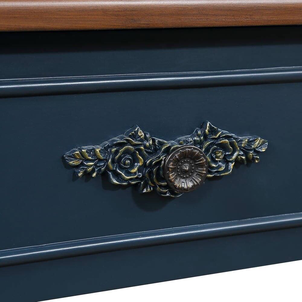 Left. Kadyn - Retro Curved Wood Console Table, 52 inch Circular Half Moon Sofa Table with Open Shelf and 2 Drawers, Living Room - Blue.