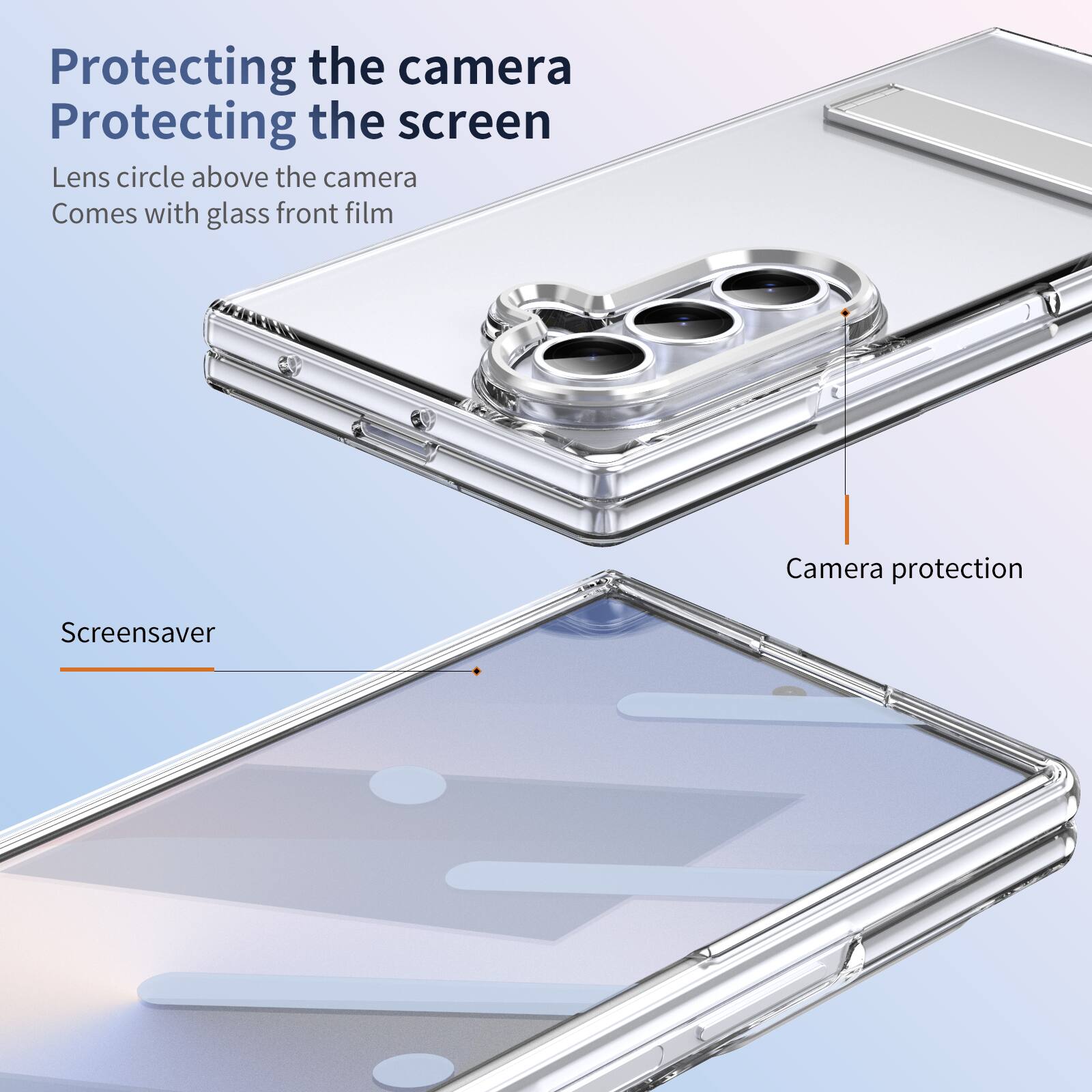 Protecting the camera  
Protecting the screen  
Lens circle above the camera  
Comes with glass front film  

Screensaver  
Camera protection