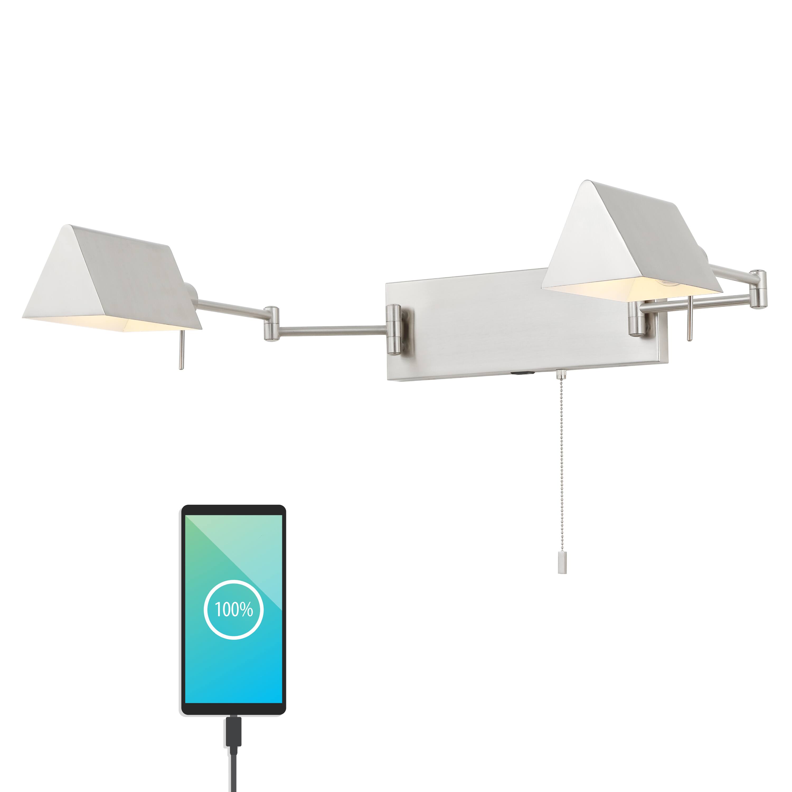Front. Jonathan Y - Arlo 54" 2-Light Farmhouse Industrial Double Swing Arm Iron LED Wall Sconce with Pull-Chain USB Charging Port, Nickel - Nickel.