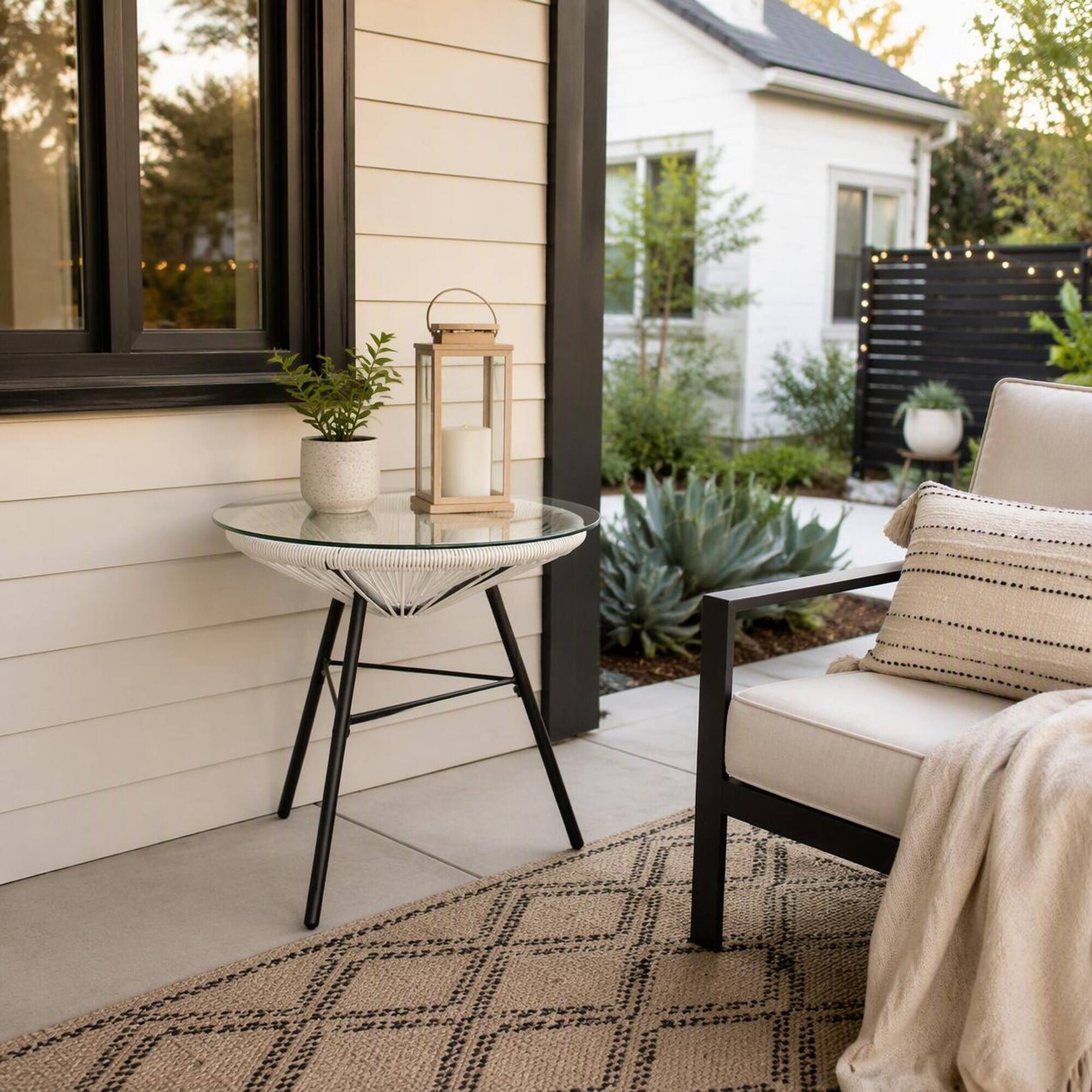 Back. RYHNUYNE - White Rattan Side Table with Clear Glass Top,Outdoor Accent Table, Weatherproof Patio & Balcony Furniture - White.
