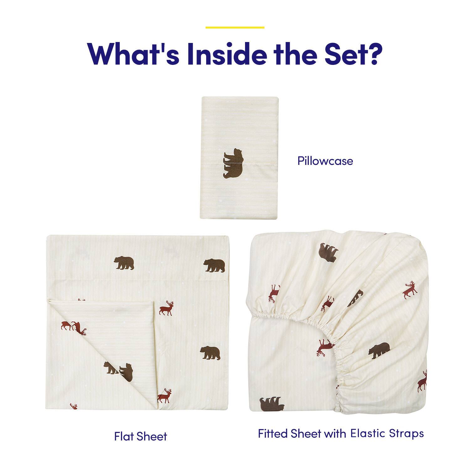 What's Inside the Set?

- Pillowcase
- Flat Sheet
- Fitted Sheet with Elastic Straps