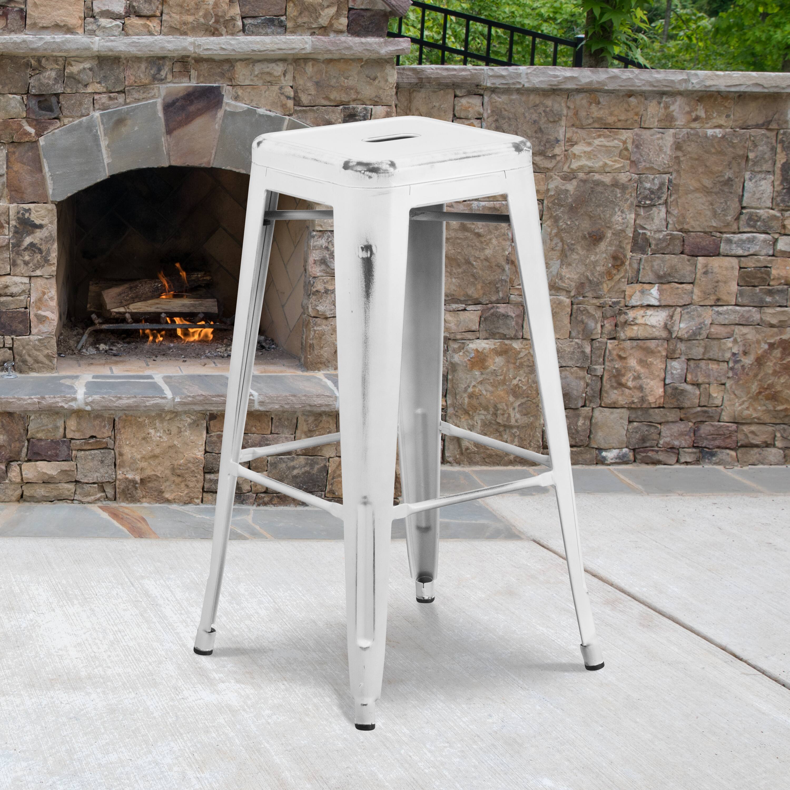Alt View 2. Emma + Oliver - Commercial Grade 4 Pack 30" High Backless Distressed Metal Indoor-Outdoor Barstool - White.