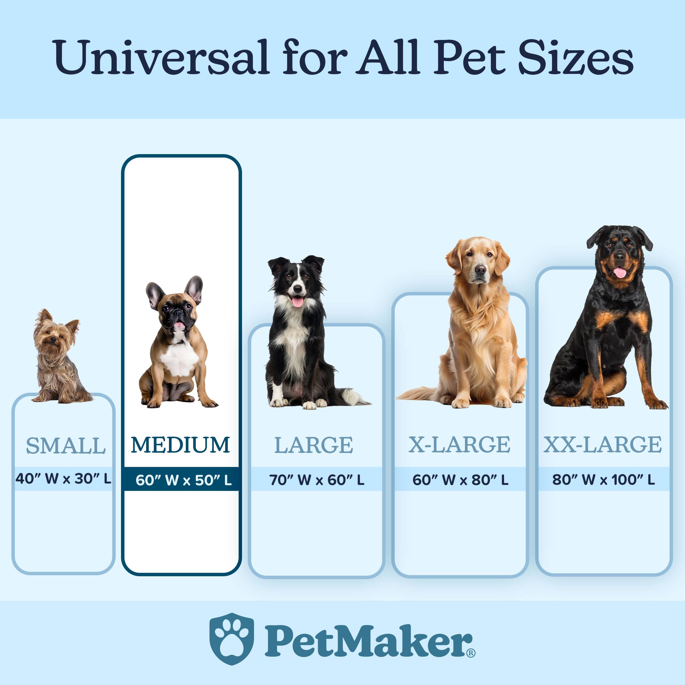 Universal for All Pet Sizes

- SMALL: 40" W x 30" L
- MEDIUM: 60" W x 50" L
- LARGE: 70" W x 60" L
- X-LARGE: 60" W x 80" L
- XX-LARGE: 80" W x 100" L

PetMaker