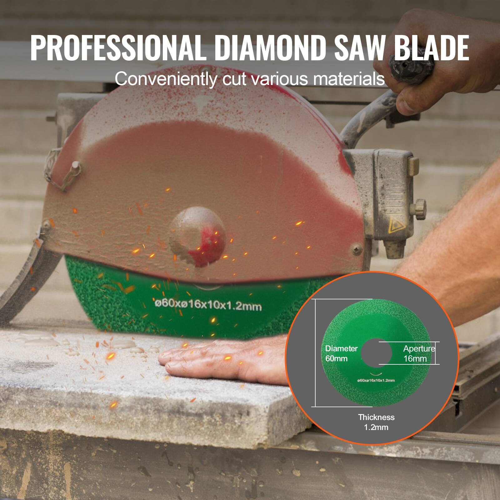 PROFESSIONAL DIAMOND SAW BLADE  
Conveniently cut various materials  

Diameter 60mm  
Aperture 16mm  
Thickness 1.2mm  

60x16x10x1.2mm