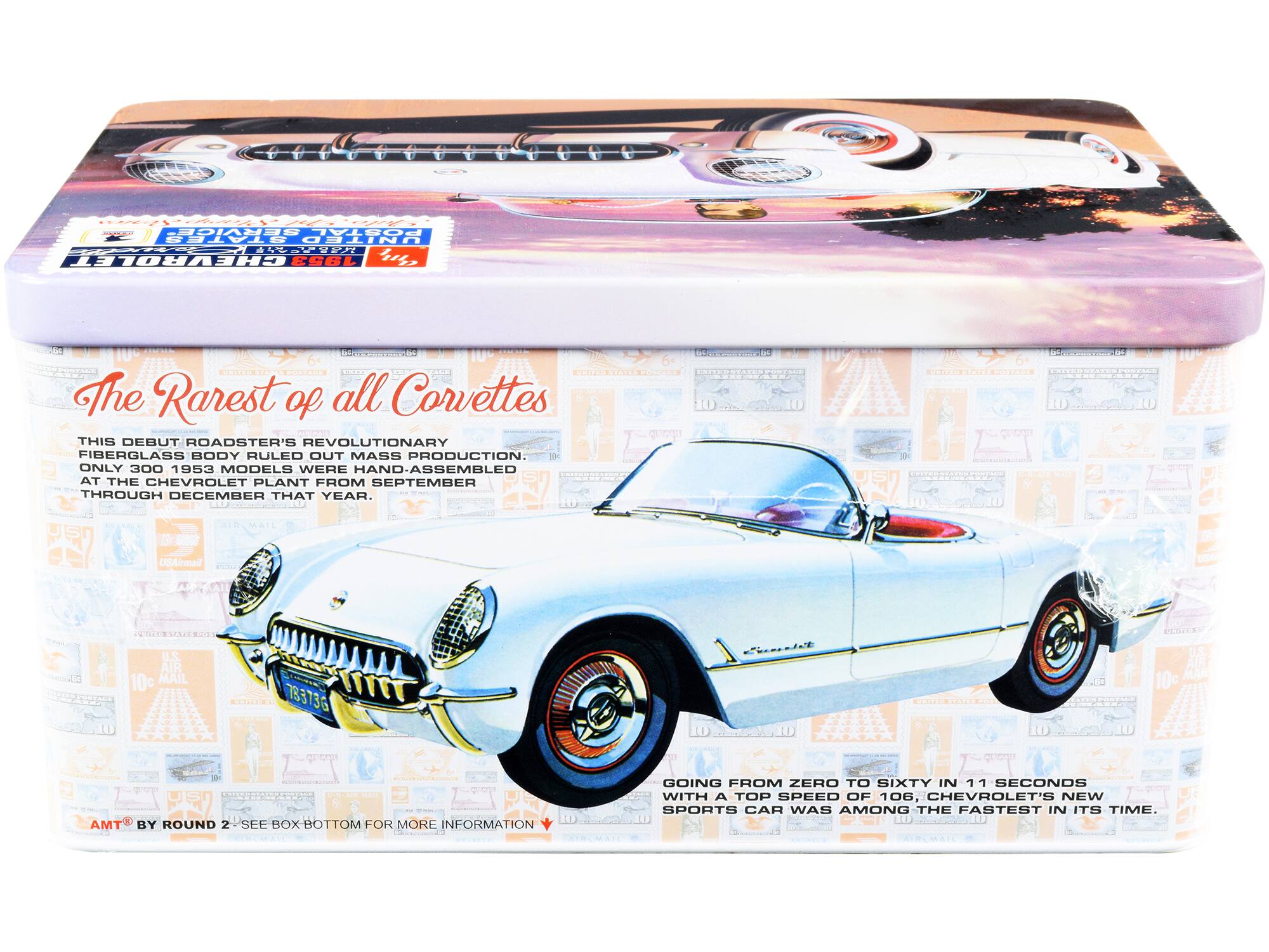 POSTAL STATES UNITED  
CHEVROLET  
SUSTALE  
The Rarest of all Corvettes  
THIS DEBUT ROADSTER'S REVOLUTIONARY FIBERGLASS BODY RULED OUT MASS PRODUCTION. 10 ONLY 300 1953 MODELS WERE HAND-ASSEMBLED AT THE CHEVROLET PLANT FROM SEPTEMBER THROUGH DECEMBER THAT YEAR.  
10  
TAXI 100  
0  
AIR MAIL  
US Air Mail  
U.S. AIR 10c MAIL  
78373G  
Cheesed  
U.S. AIR 10c MAR  
BEE MATT AMT BY ROUND 2 SEE BOX BOTTOM FOR MORE INFORMATION  
GOING FROM ZERO TO SIXTY IN 11 SECONDS WITH A TOP SPEED OF 106, CHEVROLET'S NEW SPORTS CAR WAS AMONG THE FASTEST IN ITS TIME.