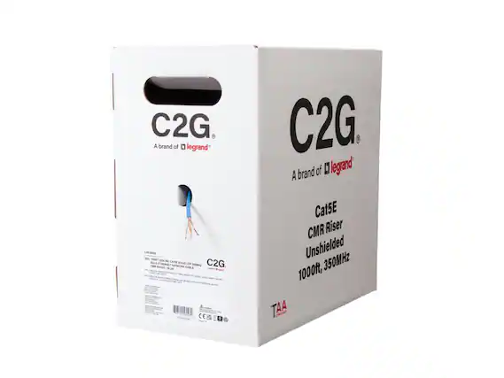 C2G. A brand of legrand
C2G. A brand of 0 legrand
CR 1 1000F7 0L
CAnM BULK ETHERNE SOLI LTP
C2G. CMK-RATED NETWORK 300 CABLE
CE Cat5E CMR Riser Unshielded 350MHz 1000ft,
TAA COMPLIANT
