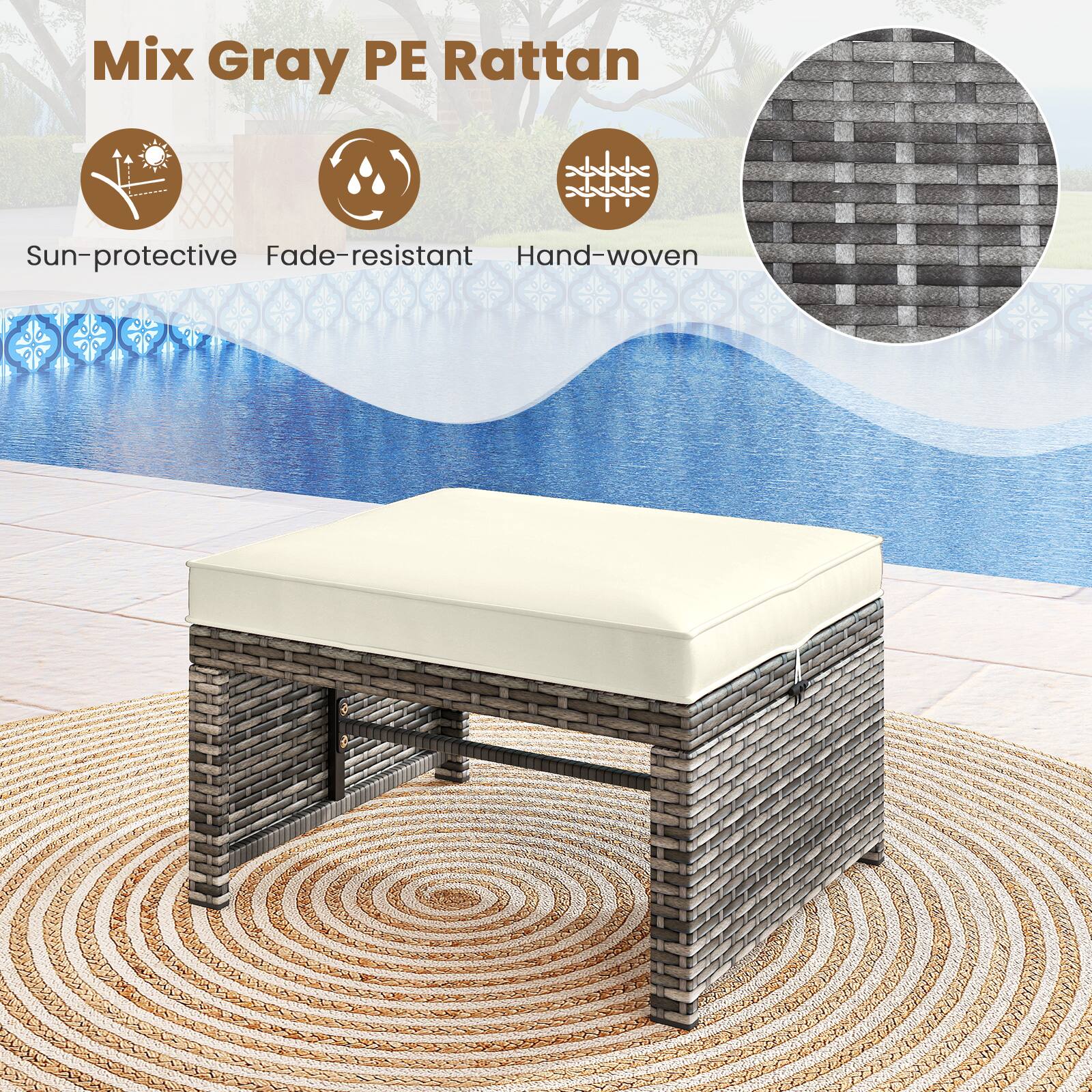 Mix Gray PE Rattan

- Sun-protective
- Fade-resistant
- Hand-woven
