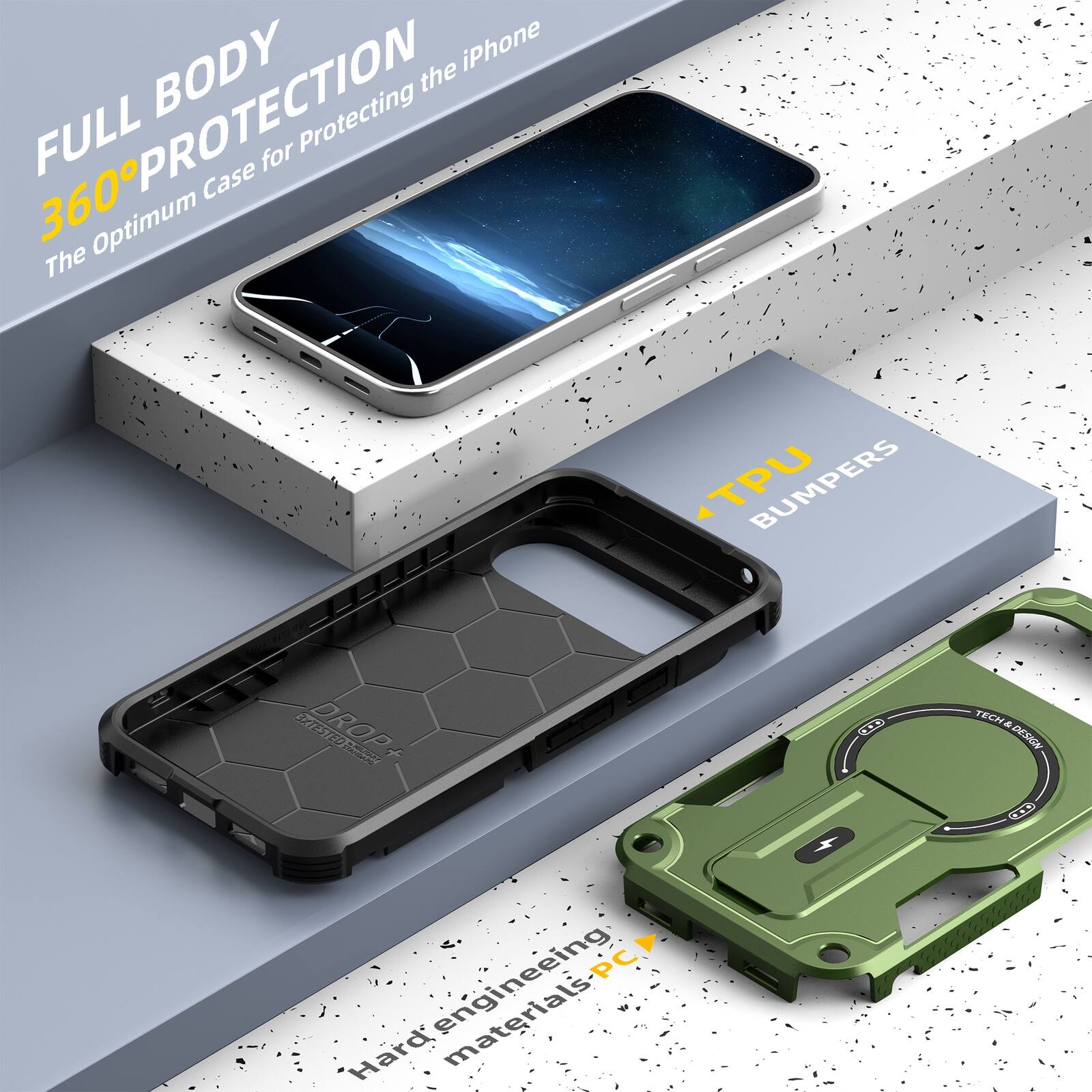 FULL BODY 360° PROTECTION  
The Optimum Case for Protecting the iPhone

TPU BUMPERS

Hard engineering materials - PC

TECH & DESIGN