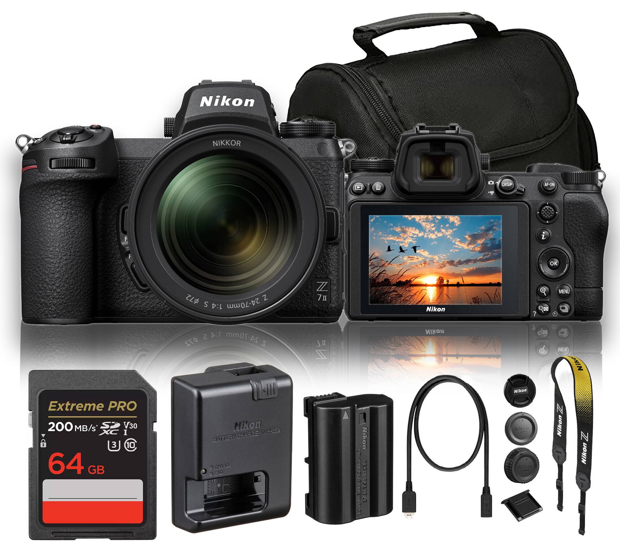 Nikon  
NIKKOR  
DISP  
AF-ON  
E 11  
LLT  
i OK  
72 Z S 1:4 24-70mm  
Z 7  
Nikon  
?  
of DO  
MENU -  
S 1:4 24-70mm 72 S  
II/ Z  
Nikon  
DO  
Nike  
Extreme PRO 200 MB/s V30 I 3 10 64 GB  
Nikon MARKE BATTERY CHARGER CHANT  
Nikon x2. BATTERY PICK  
Nikon NIROD Minore  
N Nikon  
Z Nikon
