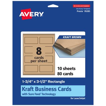 Go to avery.com/templates
AVERY
Use Avery Template Presta® 95285
KRAFT BROWN
8 cards per sheet
10 sheets
80 cards
1-3/4" x 3-1/2" Rectangle
Kraft Business Cards
with Sure Feed® Technology
for Laser/Inkjet