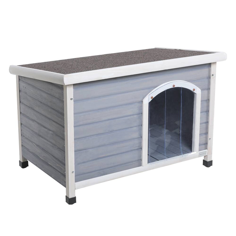 Alt View 2. Siljoy - Grey Medium Cedar Dog House, Waterproof Asphalt Roof, Elevated Floor & PVC Curtain for Up to 70 lbs.