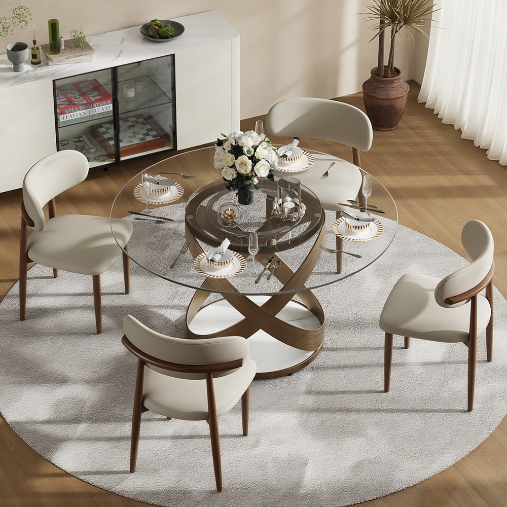 POVISON - 59" Modern Glass Round Dining Table for 4 with Lazy Susan, Clear Tempered Glass Tabletop, Bronze X Carbon Steel Base - Clear Tempered Glass with Bronze