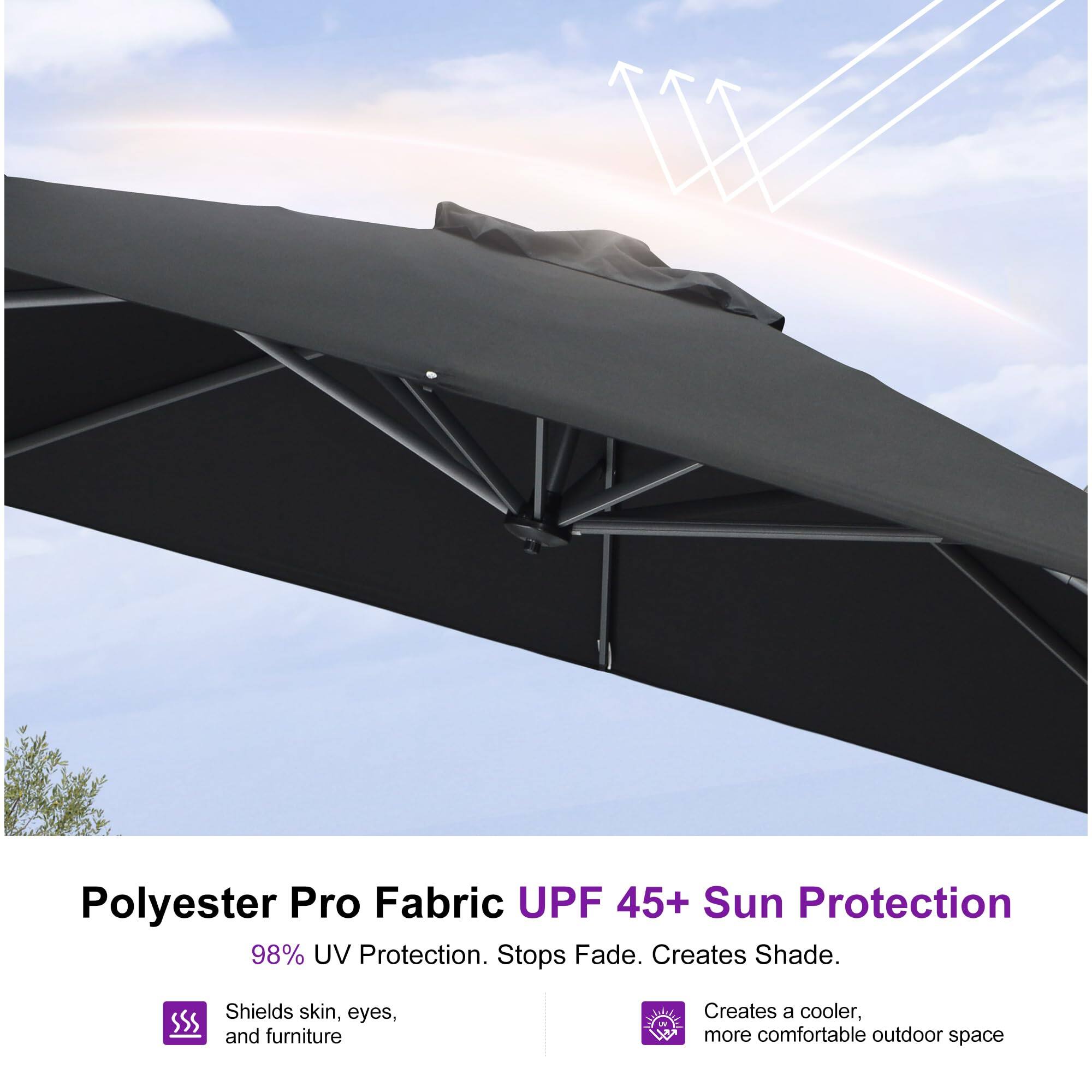 Polyester Pro Fabric UPF 45+ Sun Protection

98% UV Protection. Stops Fade. Creates Shade.

- Shields skin, eyes, and furniture
- Creates a cooler, more comfortable outdoor space