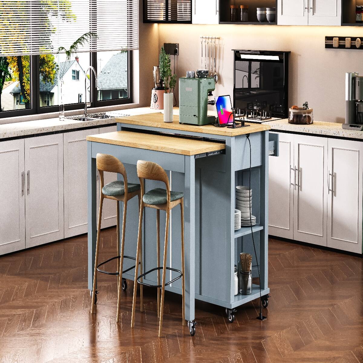 Alt View 4. Loheer - 47.2" Kitchen Island with Extendable Dining Table, Rolling Kitchen Island with Storage - Grey Blue.