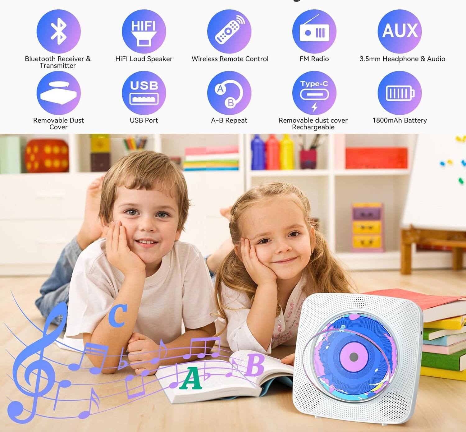 HIFI AUX Bluetooth Receiver & Transmitter  
HiFI Loud Speaker  
Wireless Remote Control  
FM Radio  
3.5mm Headphone & Audio  
USB A B Type-C  
Removable Dust Cover  
USB Port A-B  
Repeat  
Removable dust cover  
Rechargeable 1800mAh Battery