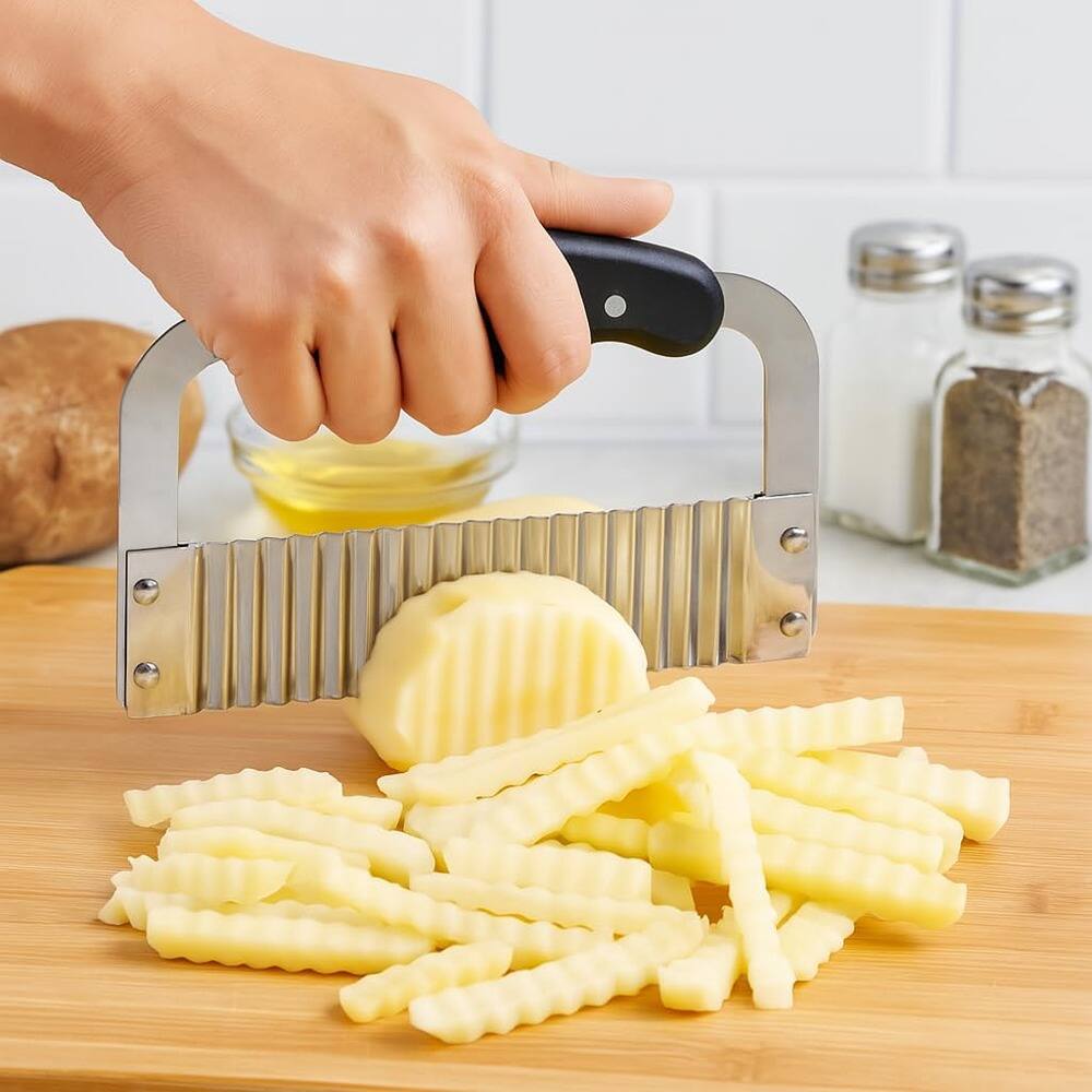 Left. PARKER SLATER - French fry vegetable cutter with a stainless steel blade and a kitchen crinkle-cut - Black Handle.