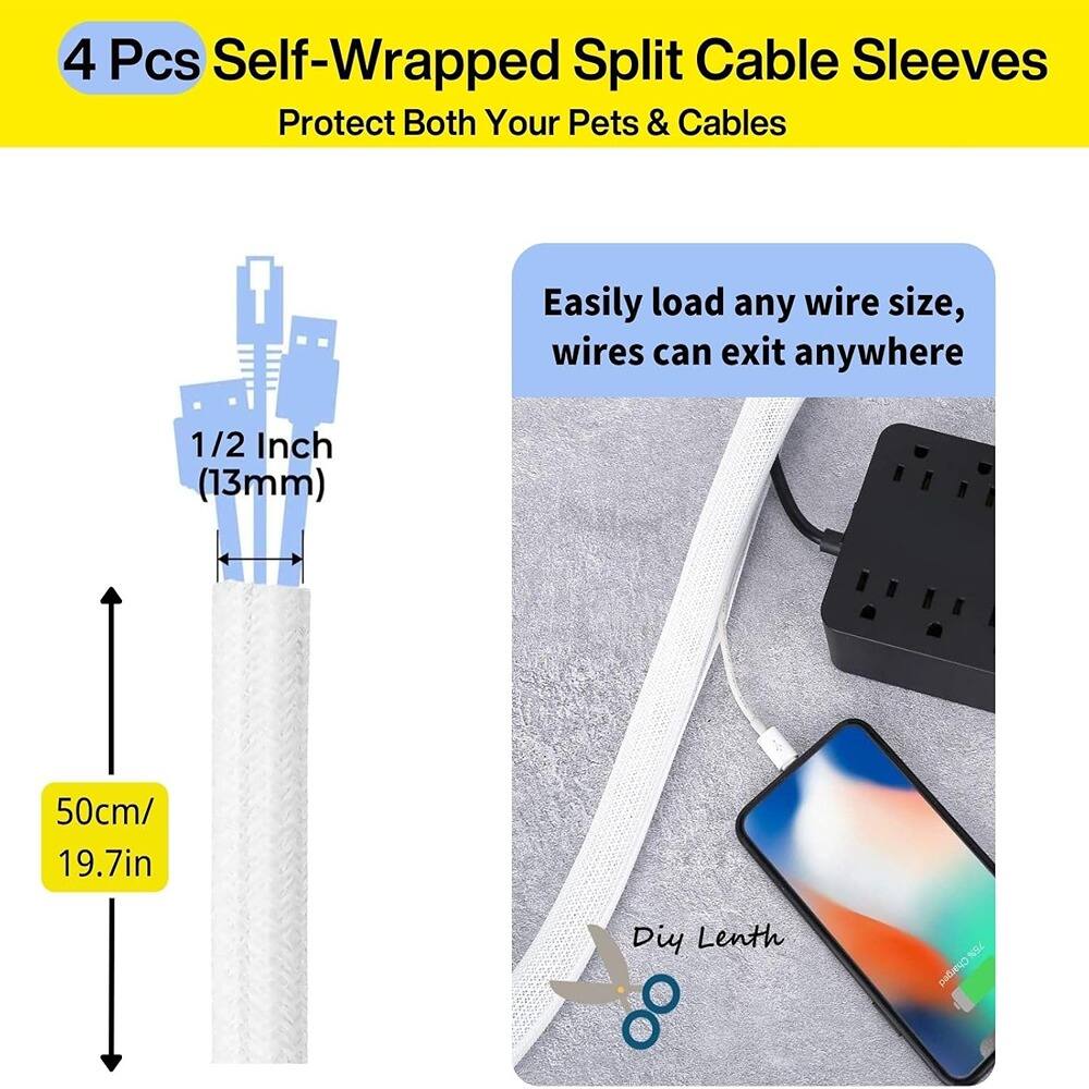 4 Pcs Self-Wrapped Split Cable Sleeves  
Protect Both Your Pets & Cables  

Easily load any wire size, wires can exit anywhere  

1/2 Inch (13mm)  
50cm/ 19.7in  

Diy Length