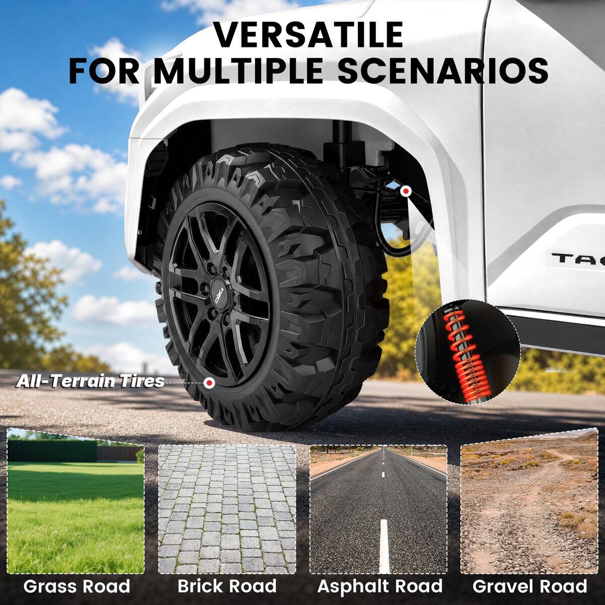 VERSATILE FOR MULTIPLE SCENARIOS

All-Terrain Tires

Grass Road
Brick Road
Asphalt Road
Gravel Road